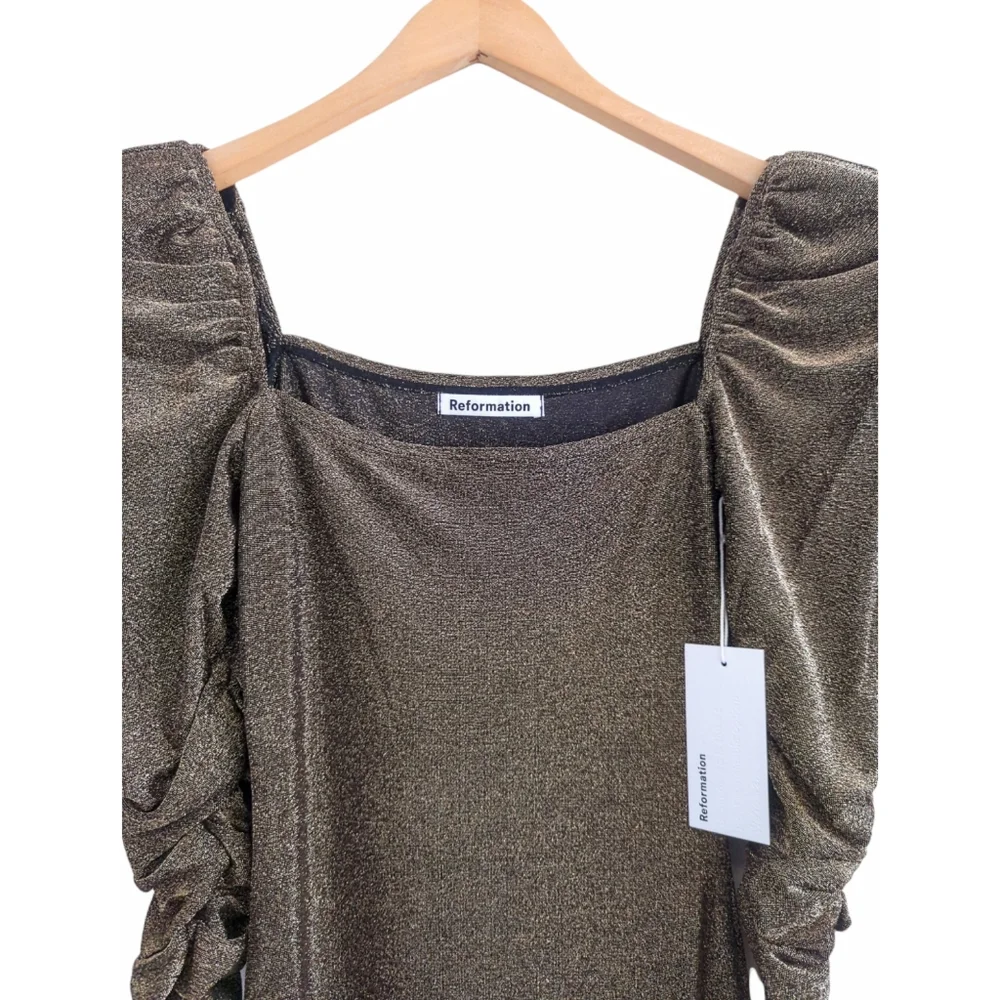 Reformation 'Rahm' Ruched Puff Sleeve Dress in Bronze Sparkle Size XS - Picture 11 of 13